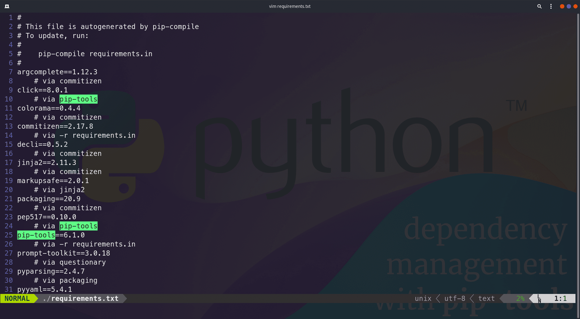 Python dependency management using pip-tools